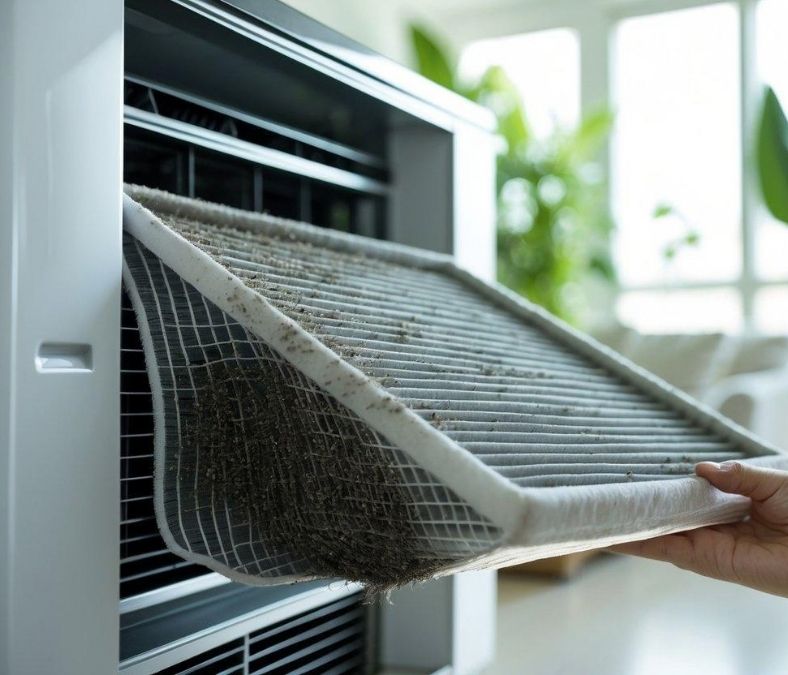 Dirty HVAC air filter showing heavy dust buildup and restricted airflow, highlighting HVAC repair in Leesburg warning signs.