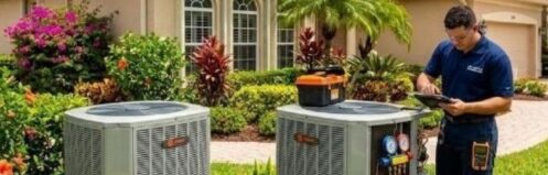 HVAC technician inspecting an outdoor air conditioning unit representing HVAC in Leesburg FL service.