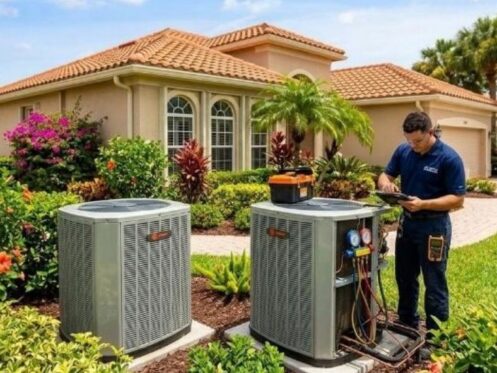 HVAC technician inspecting an outdoor air conditioning unit representing HVAC in Leesburg FL service.