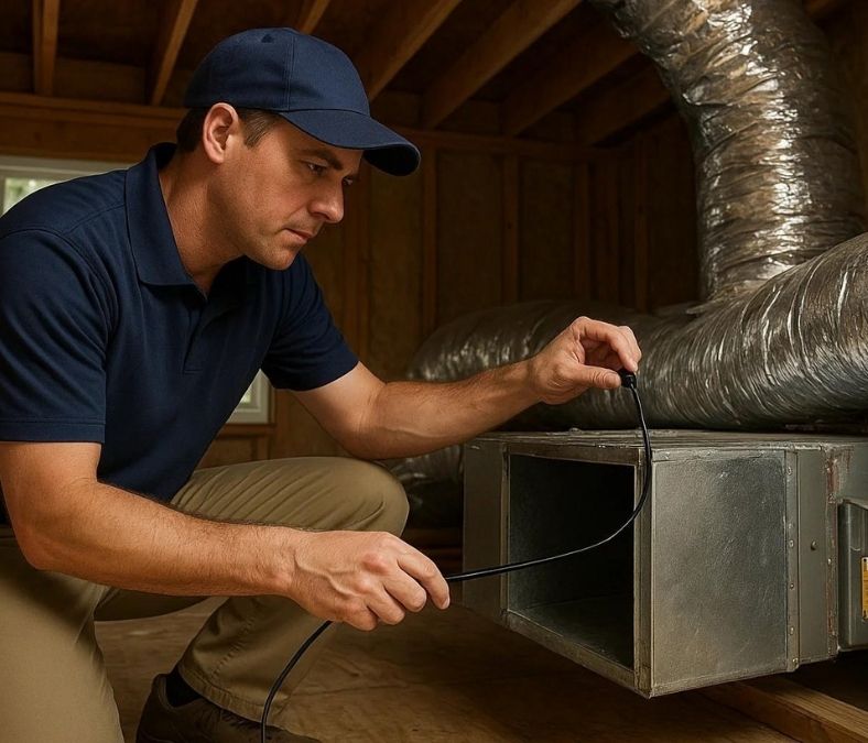 HVAC technician inspecting residential ductwork for airflow problems, illustrating HVAC in Leesburg FL maintenance.